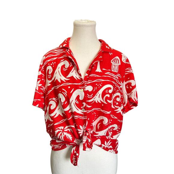 C&C California Linen Blend Button Down Red Tropical Shirt Women's Large Beachy - Picture 1 of 11